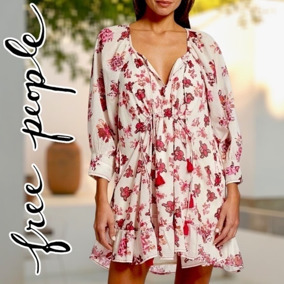 FREE PEOPLE Camella 3/4 Sleeve Relaxed Fit Floral Print Cotton MiniDress NWT/LG - Picture 1 of 16